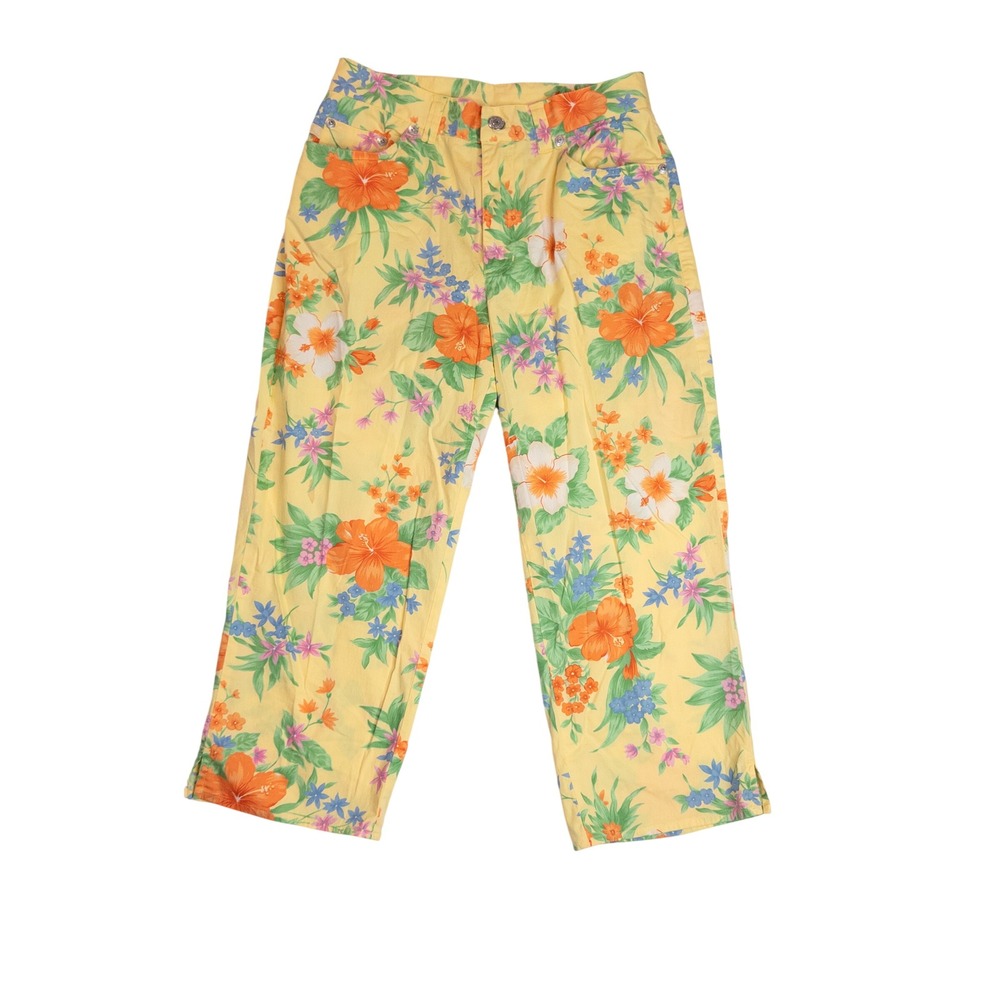 Lauren Ralph Lauren Petite Tropical Floral Pants Women 27 Yellow Hibiscus